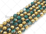 Half Gold Plated Green Agate Beads, 8mm/10mm/12mm Round Faceted Gold Green Agate Beads, 15.5" Full Strand, sku# UA135