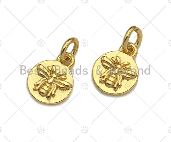 18k Dainty Gold Embossment Insect On Round Coin Charms, Dainty Charms, Gold Bee Pendant, Round Necklace Charms, 8x10mm, Sku#Z1162