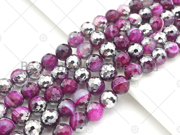 Natural Half Silver Pink Agate Beads, 8mm/10mm/12mm Round Faceted Pink Agate Beads, 15.5" Full Strand, sku# UA120