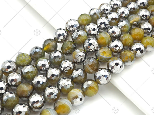 Natural Half Silver Plated Olive Green Agate Beads, 8mm/10mm/12mm Round Faceted Agate Beads, 15.5" Full Strand, sku# UA121