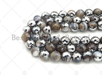 Natural Half Silver Gray Agate Beads, 8mm/10mm/12mm Round Faceted Gray Agate Beads, 15.5" Full Strand, sku# UA122