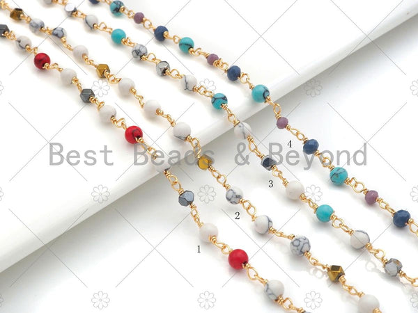 1 Foot/Yard- 4mm round beads with 3mm hexagon gold silver spacer Rosary Chain- Brass Wire Wrapped Gold Plated Chain- Link Findings, sku#V66