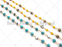 1 Foot/Yard-5mm&3mm Turquoise Yellow Round  Rosary Chain- Brass Wire Wrapped Gold Plated Chain- DIY Necklace/Bracelet Link Findings, sku#V67