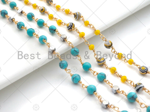1 Foot/Yard-5mm&3mm Turquoise Yellow Round  Rosary Chain- Brass Wire Wrapped Gold Plated Chain- DIY Necklace/Bracelet Link Findings, sku#V67
