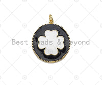 White Enamel Clover On Black Round Coin Pendant,CZ Micro Pave Enamel pendant,Enamel pendant,Enamel Jewelry,24x27mm,sku#Z1213