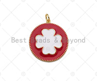 White Enamel Clover On Red Round Coin Pendant,CZ Micro Enamel pendant,Enamel Charm,Enamel Jewelry,24x27mm,sku#Z1214
