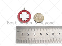White Enamel Clover On Red Round Coin Pendant,CZ Micro Enamel pendant,Enamel Charm,Enamel Jewelry,24x27mm,sku#Z1214