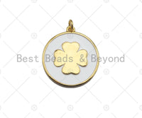 White Enamel Clover On Round Coin Pendant, Gold/Silver Enamel Pendant, Enamel Jewelry, 24x27mm, Sku#Z1215