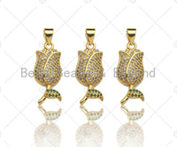 CZ Micro Pave Tulip Flower Charm/Pendant, Tulip Rose Shape Charm, Pave Pendant, Gold plated charm, 10x21mm, Sku#LK128