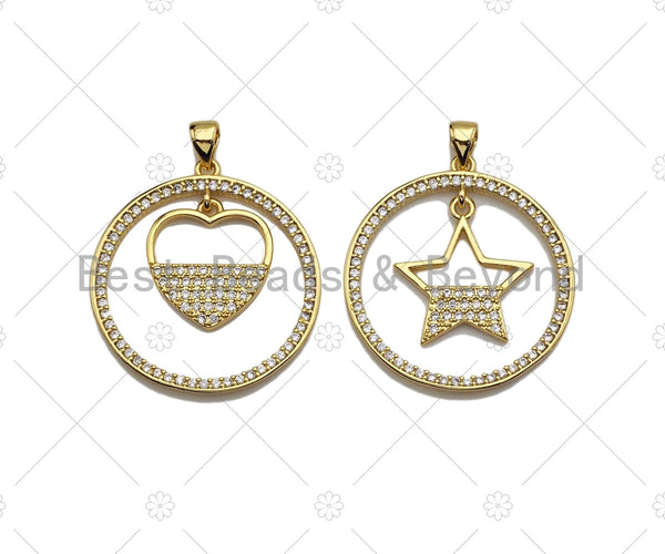 18k Shiny Gold Dangle Heart Dangle Star On Round Ring Charms, Gold Plated Charms, Heart Pendant, Gold Pendant, 27x29mm,Sku#LK141