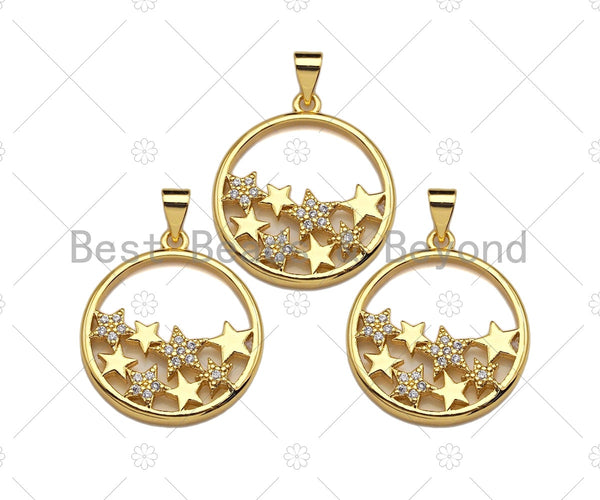 18k Gold Multi Star On Round Ring Charms, Gold Ring Charms, Star Pendant, Gold Pendant, Round Necklace Charms, 22x24mm, Sku#LK145 Bestbeads&Beyond