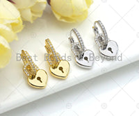 CZ Micro Pave Latch Back Huggies Dangle Heart Lock Earring, Heart Huggie Earrings, pave lock earrings, 10x24mm, sku#O26