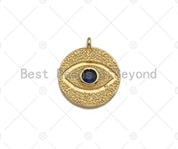 Cobalt  CZ Micro Pave Round Evil Eye on Disc Pendant/Charm, Lucky eye Cubic Zirconia Pendant, 24K Gold Tone,16x18mm,Sku#L305