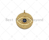 Cobalt  CZ Micro Pave Round Evil Eye on Disc Pendant/Charm, Lucky eye Cubic Zirconia Pendant, 24K Gold Tone,16x18mm,Sku#L305