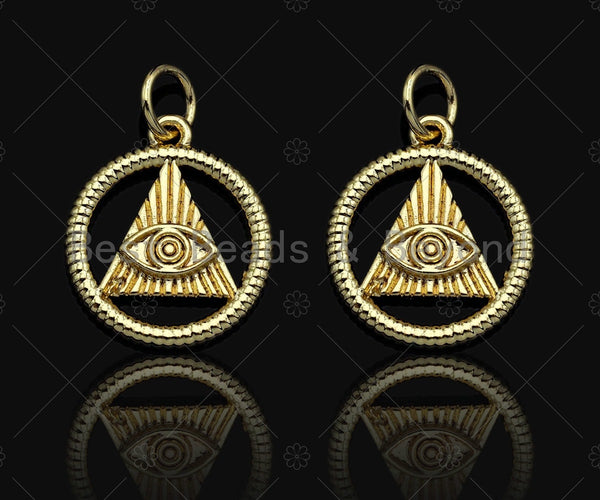 CZ Micro Pave Evil Eye On Triangle With Round Ring Shape Pendant, Gold Plated, Necklace Bracelet Charm Pendant, 18x20mm,sku#F1240