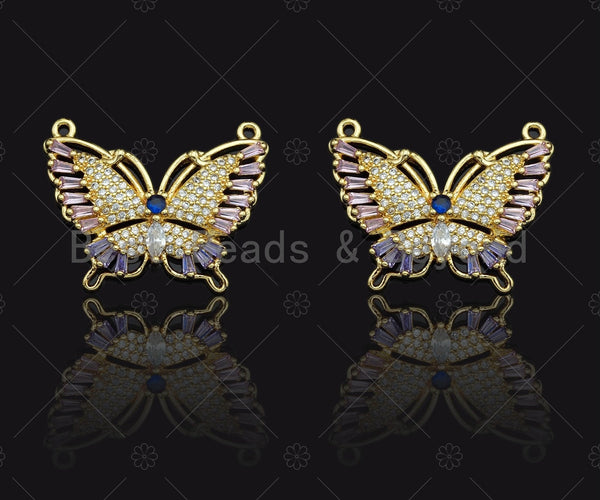 Purple CZ Micro Pave Butterfly Shape Pendant, Gold Plated Jewelry, Necklace Bracelet Charm Pendant, 22x29mm,sku#LD03