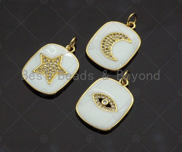 White Enamel Star Moon Evil Eye on Dog Tag Pendant,CZ Micro Pave pendant,Enamel pendant,Enamel Jewelry, 16x22mm,sku#LD05