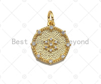 CZ Micro Pave Snowflake On Round Coin Charms, 18k Dainty Gold Charms Pendant, Snowflake Necklace Charms, 14x15mm, Sku#F1305
