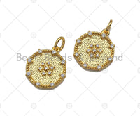 CZ Micro Pave Snowflake On Round Coin Charms, 18k Dainty Gold Charms Pendant, Snowflake Necklace Charms, 14x15mm, Sku#F1305