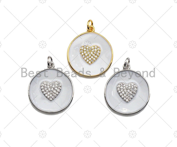 White Enamel Heart On Round Coin Pendant,CZ Micro Pave Enamel pendant,Enamel Charm,Enamel Jewelry,20x23mm,sku#Z1239