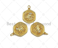 18k Dainty Gold Cute Bird On Round Coin Shape Charms, Dainty Gold Bird Charms Pendant, Bird Necklace Charms, 18x22mm, Sku#F1317