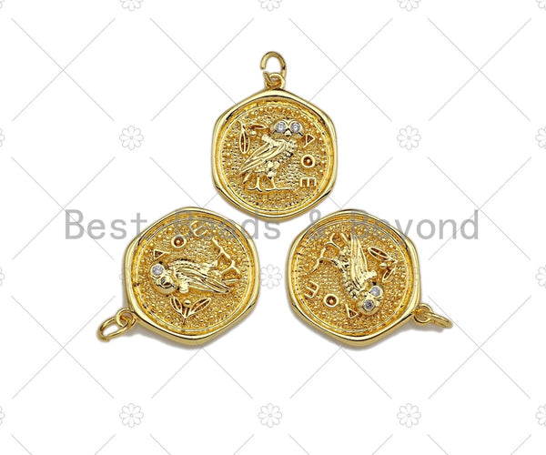 18k Dainty Gold Cute Bird On Round Coin Shape Charms, Dainty Gold Bird Charms Pendant, Bird Necklace Charms, 18x22mm, Sku#F1317