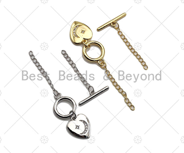 1 Set CZ Micro Pave Moon Star on Heart Toggle Clasp, Gold/Silver Color Heart Toggle Clasp, T-bar closures, 13x15mm, sku#K129