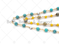 1 Foot/Yard-5mm&3mm Turquoise Yellow Round  Rosary Chain- Brass Wire Wrapped Gold Plated Chain- DIY Necklace/Bracelet Link Findings, sku#V67