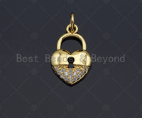 CZ Micro Pave Heart Lock Pendant, Heart Shape Charm, 18K Gold Lock Pendant,16x10mm, Sku#JL10