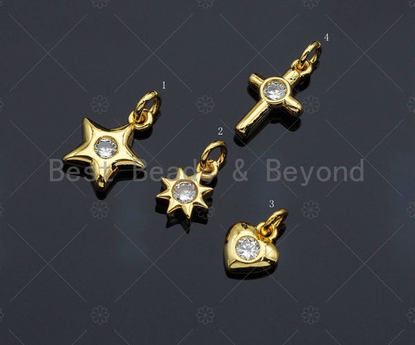 Dainty CZ Micro Pave Star Sun Cross Heart Shape Charm/Pendant, Diamond Gold Plated Charm, Gold Pendant, Gold plated charm, Sku#JL13