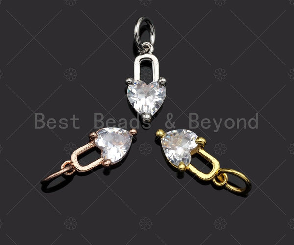 Clear CZ Micro Pave Heart Lock Shape Pendant,Cubic Zirconia Heart Charm,Gold/Silver/Rose Gold Tone,5x11mm,Sku#Y344