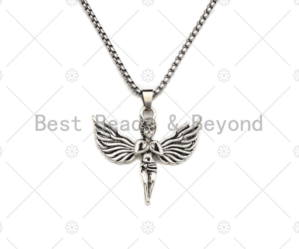 Protecion Angel Pendant Stainless Steel Necklace-Men's Necklace - Symbolic Jewelry - Silver Chain Pendant Necklace, sku#L345