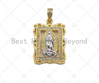CZ Micro Pave Virgin Mary On European Rectangular Frame Charms, Dural Color Pendant, Rectangular Necklace Charms, 18x26mm, Sku#F1275