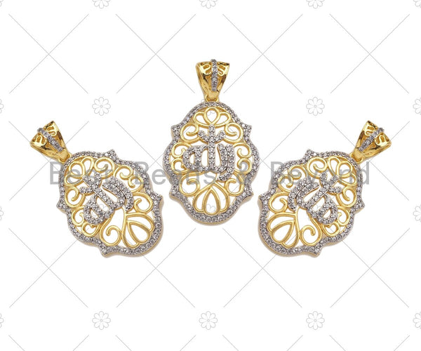 Dual Color Filigree Flower European Type Frame Charms, Gold CZ Micro Pave Charms, Gold Pendant, Flower Necklace Charms, 21x31mm, Sku#F1277