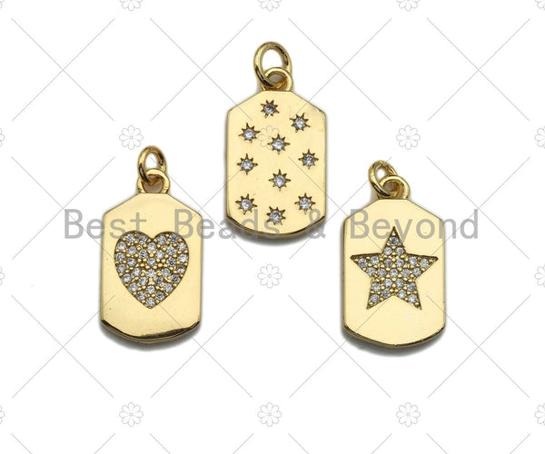 18k Dainty Gold Heart Star Dots Dog Tag Charms, Gold Rectangle Charms, Gold Pendant, Heart Necklace Charms, 10x18mm, Sku#F1286