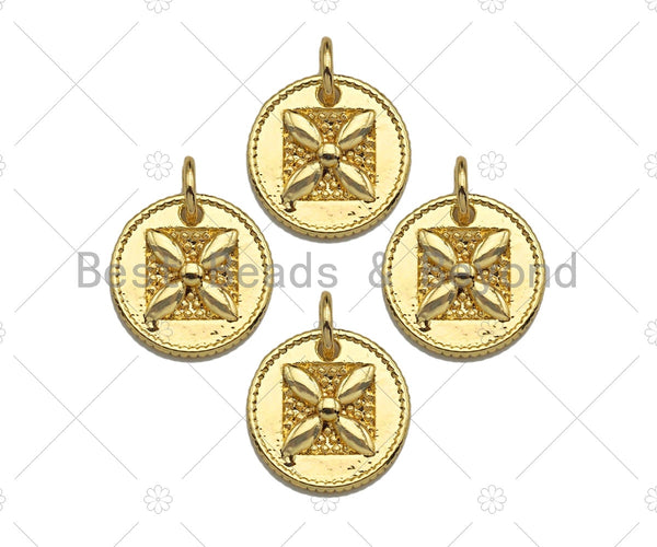 18k Shiny Gold Square Flower On Round Coin Charms, Gold Coin Charms, Flower Pendant, Gold Pendant, Round Necklace Charms, 12x12mm, Sku#Y337