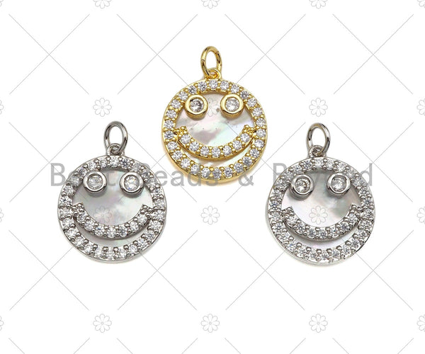 Mother-of-pearl Inlay Smiley Face Round Pendant/Charm, Cubic Zirconia Pendant Charm, MOP Charm, 18x16mm,Sku#L368