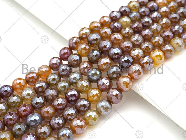 Mystic Golden Brown Faceted Fire Agate Beads, 6mm/8mm/10mm/12mm Silver Plated Fire Agate, 15.5'' Full Strand, SKU#UA207