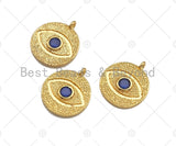 Cobalt  CZ Micro Pave Round Evil Eye on Disc Pendant/Charm, Lucky eye Cubic Zirconia Pendant, 24K Gold Tone,16x18mm,Sku#L305