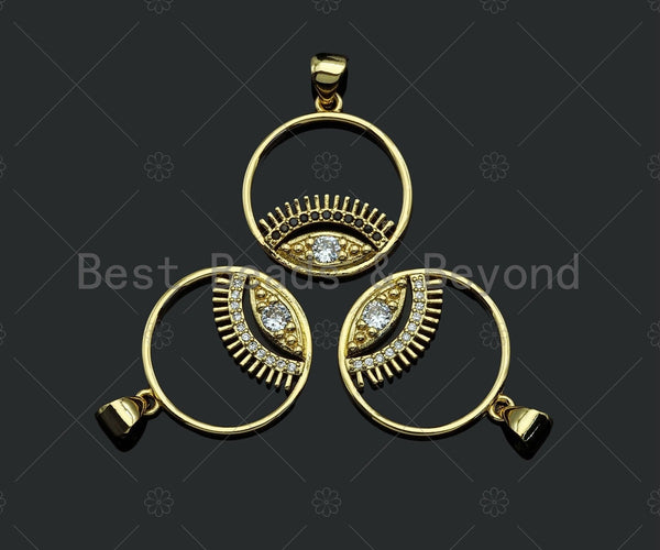 18k Dainty Gold Evil Eye With Long Eyelash On Round Ring Shape Charms, Dainty Charms,Round Ring Necklace Charms, 18x20mm, Sku#LK173