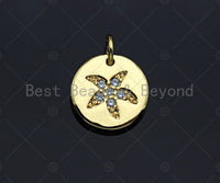 CZ Micro Pave Star on Disc Pendant/Charm, Round Coin Cubic Zirconia Pendant, Real Gold Plated Charm,12x12mm,Sku#L321