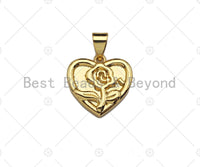 Dainty Gold Rose Flower On Heart Shape Charms, Dainty Charms, Gold Pendant, Heart Necklace Charms, 15x14mm, Sku#F1296