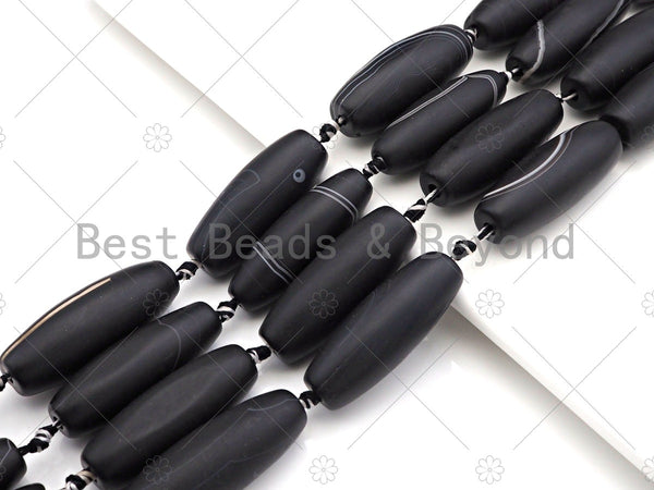 Natural Black Agate Barrel Spacer Beads, Black White Agate Spacer Beads, Tibetan Dzi Beads, 14x40mm, Sku#U1030