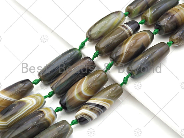 Natural Brown Green Agate Barrel Spacer Beads, Brown Green Agate Spacer Beads, Tibetan Dzi Beads, 14x40mm, Sku#U1040
