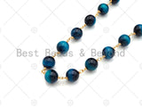 Teal Blue/Fuchsia/Navy Blue High Quality Tiger Eye Rosary Chain, 8mm Beaded Chain, Wire Wrapped Gold Chain,Sku#V81