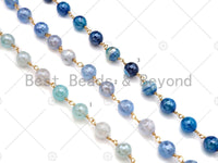 Mystic Agate Aqua Blue/Light Blue/Navy Blue Rosary Chain, 8mm Agate Beaded Chain, Wire Wrapped Gold Chain,Sku#V83