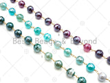 Mystic Agate Green/Aqua Blue/Pink Rosary Chain, 10mm Agate Beaded Chain, Wire Wrapped Gold Chain,Sku#V88