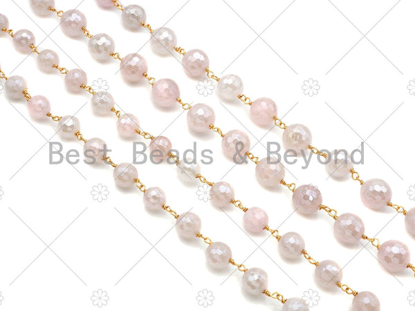 Mystic Rose Quartz Beaded Chain, 8mm/10mm light Pink Rosary Chain, Wire Wrapped Gold Chain,Sku#V89