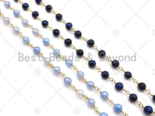 Mystic Blue Agate Faceted Navy Blue Tiger Eye Rosary Chain, 6mm Beaded Chain, Wire Wrapped Gold Chain,Sku#V91