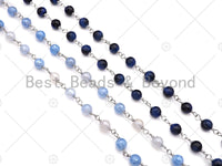 Mystic Blue Agate Faceted Tiger Eye Rosary Chain, 6mm Beaded Chain, Wire Wrapped Silver Plated Chain,Sku#V92